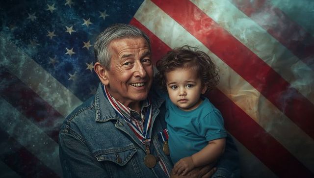 Veteran Grandfather Holding Grandson Celebrating Patriotism