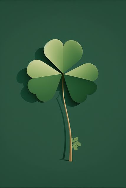 Modern minimalist illustration of a four-leaf clover on a solid green background. This can be used for themes related to nature, luck, and St. Patrick's Day. Ideal for greeting cards, advertisements, decor, and holiday promotions.