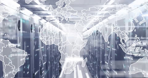 Global Data Processing in Modern Server Room with World Map Overlay