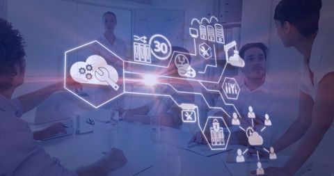 Diverse business team discussing digital interface