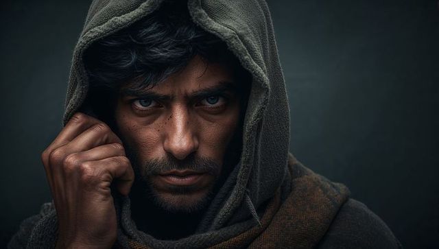 Brooding man wearing hooded cloak gripping hood while staring intently dramatic low-key portrait