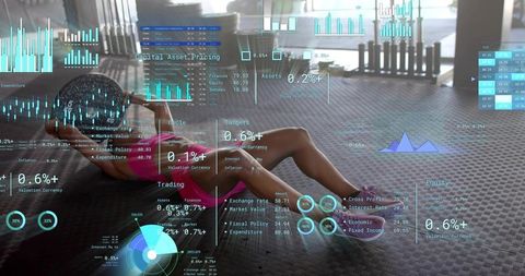 Female athlete performing core exercise on gym floor with ar finance analytics overlay