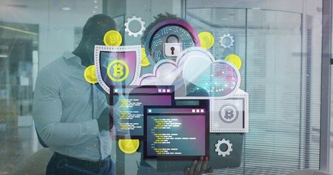 Team pointing at tablet with cloud bitcoin and code overlay for blockchain security
