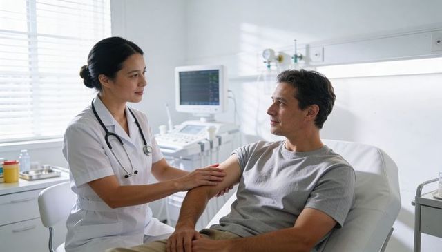 Nurse examining patient arm in clinic consultation showing compassionate clinical care