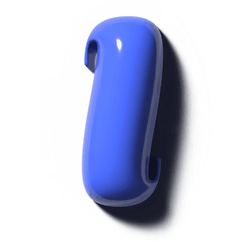 Glossy blue 3d capsule render on transparent background with hook cutouts and reflection