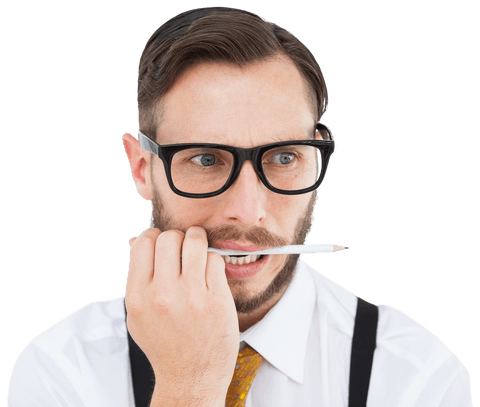 transparent geeky hipster thinking and biting pencil - Download Free Stock Videos Pikwizard.com