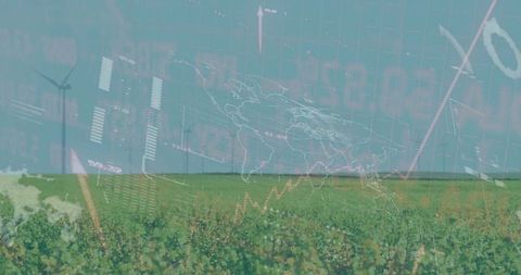 Combining agritech data with green crops, market charts, world map and wind turbine