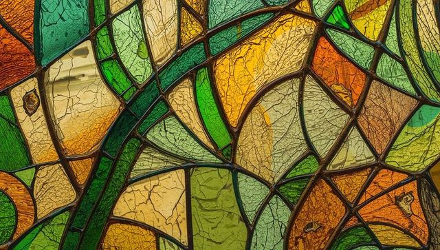 Colorful stained glass with intricate crackle textures