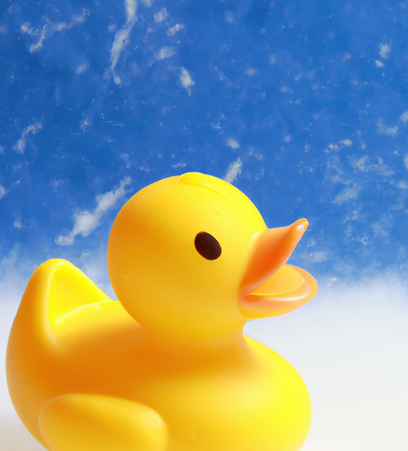 Vibrant photo of a yellow rubber duck contrasted against a bright blue sky background. Ideal for use in advertisements for children's toys, pool supplies, or bath time products. Can also be used in blog posts or social media content related to parenting, childhood memories, or playful themes. Perfect for bright, cheerful visuals needing a pop of color.