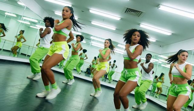 Rehearsing neon green dance crew performing high-energy synchronized choreography