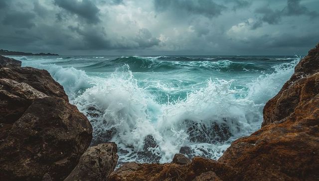 Dramatic waves crashing against rocky coastline in stormy atmosphere