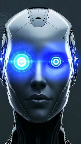 Robot Head Powering Up with Pulsing Blue Eye Interfaces in Futuristic Lab Vertical Video