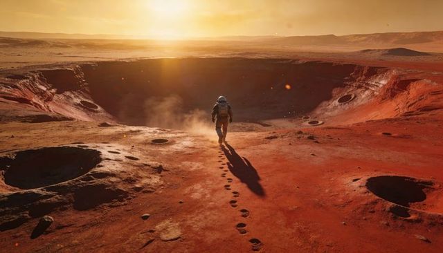 Astronaut walking toward massive martian crater at sunset on red plains