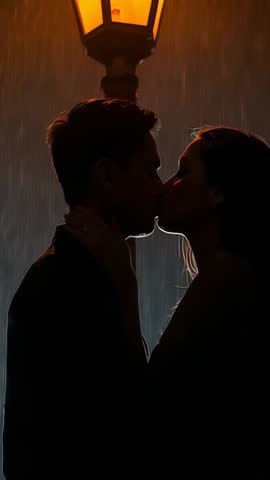 Kissing in Rain Under Lamp Post, Leaning and Resting Foreheads Romantic Night Vertical Video