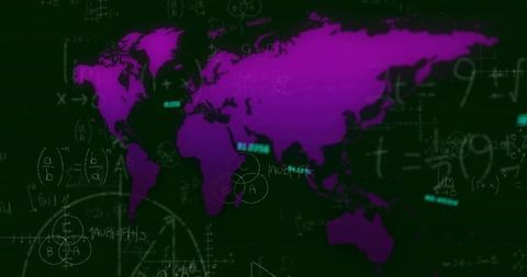 Purple World Map on Dark Green Data Screen with Chalk Formulas
