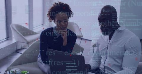 Team Discussing Code in Modern Office with Tech Overlay