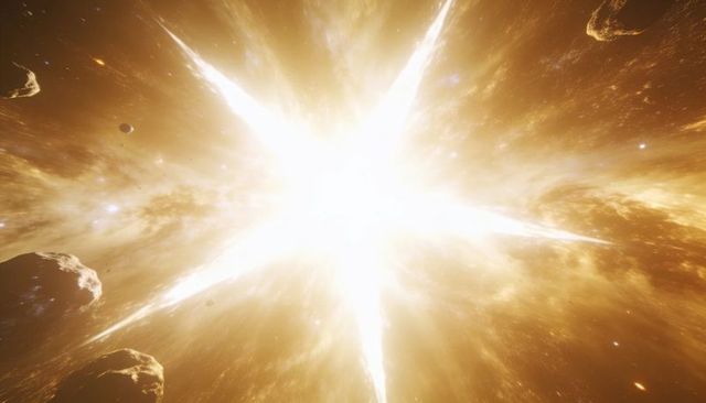Stellar core eruption sending golden gas and dust through asteroid field, cosmic debris
