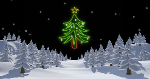 Neon Christmas Tree in Snowy Winter Wonderland