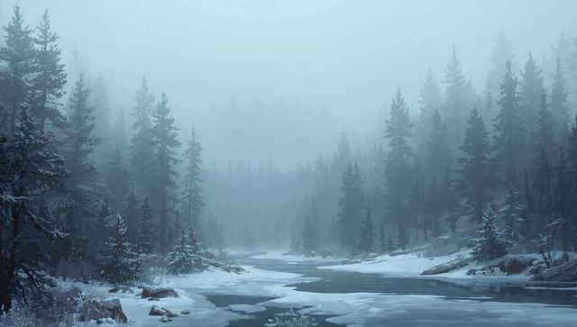 Misty frozen river winding through snow-covered pine forest, foggy winter wilderness