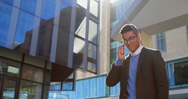 Young professional man in business attire engaged in a phone conversation outdoors near modern buildings. Perfect for illustrating business communications, success stories, tech startups, corporate interactions, and professional services marketing.