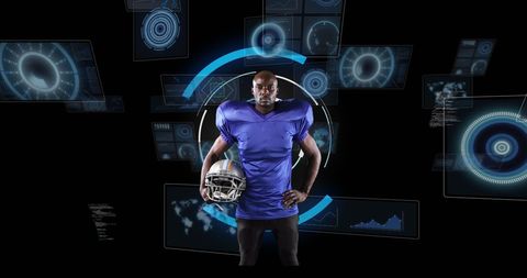 Confident rugby player with futuristic scanning interface