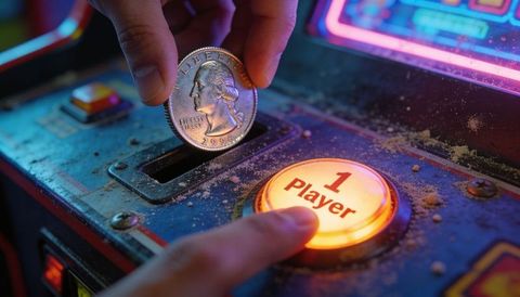Inserting 1996 washington quarter into retro arcade coin slot, pressing lit 1 player button
