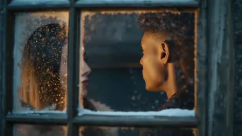 Two Friends Conversing in Cozy Winter Cabin Behind Frosted Window