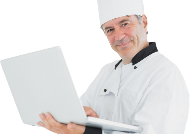 Stylish Chef Smiling with Laptop on Transparent Background - Download Free Stock Videos Pikwizard.com