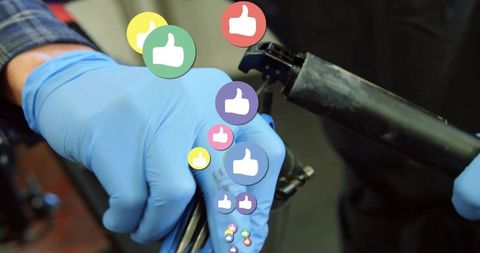 Mechanic Adjusting Bicycle with Thumbs Up Graphics