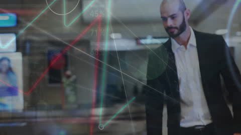 Businessman Analyzing Data at Airport with Modern Technology Overlay