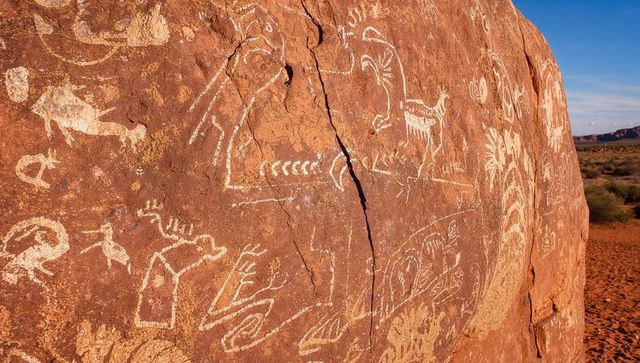 Sunlit desert petroglyphs showing cracked sandstone boulder with ancient rock engravings