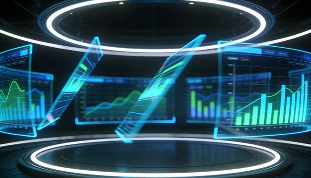 Futuristic holographic data visualization hub featuring floating analytics panels