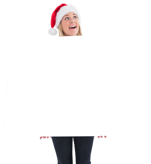 Festive Blonde Woman with Santa Hat Holding Transparent Blank Poster - Download Free Stock Videos Pikwizard.com