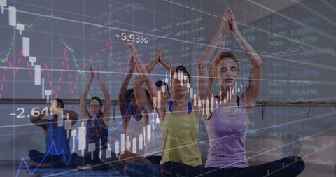 Group Practicing Yoga Amid Financial Market Charts Overlay Representing Mindful Investing