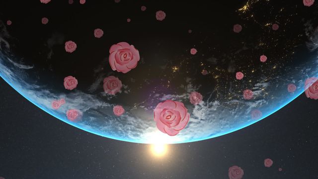 Visual depicts surreal interpretation of Earth in space adorned with floating roses and illuminated by a rising sun. Uses might include fantasy artwork, conceptual science illustrations, or thematic posters emphasizing beauty of nature. Ideal for creative storytelling or science-fiction themed projects.