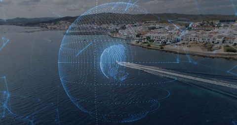 Wireframe sphere illustrating technological innovation over coastal bay