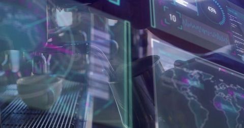 Barista Pouring Coffee with Futuristic Holographic Data Overlay