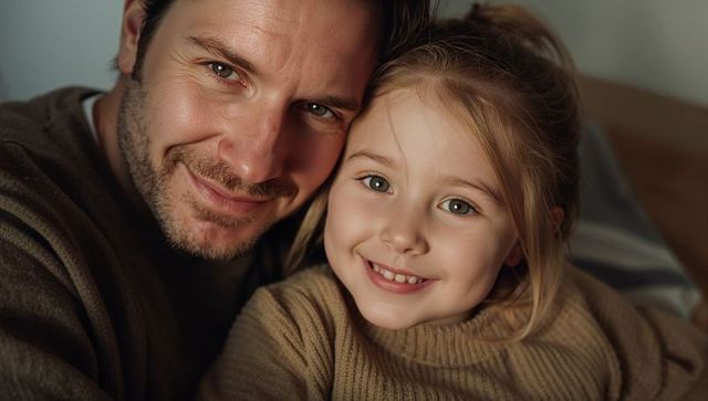 Warm Closeup of Father and Daughter Cuddling on Couch Wearing Knit Sweaters Cozy Family Moment