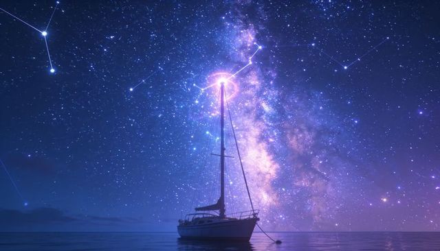 Sailboat aligning mast with milky way halo under starry night sky dreamy nautical escape