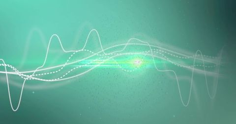Turquoise Energy Waveform with Central Glow, Particle Trail and Flowing Light Streaks