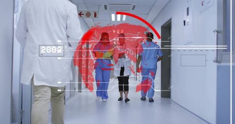 Medical team walking hospital corridor with red digital world map overlay and data HUD