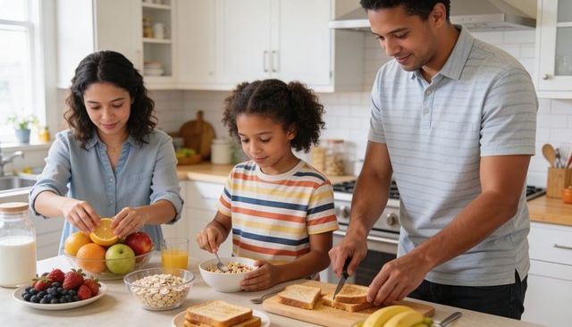 Family preparing healthy breakfast together in bright modern kitchen during morning routine