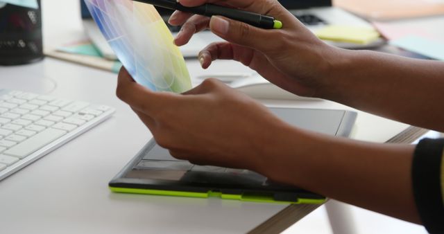 Close-Up of Hands Using Digital Tablet with Stylus in Office - Download Free Stock Images Pikwizard.com