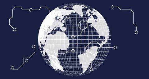 Futuristic Digital Globe with Circuit Nodes on Dark Blue Background