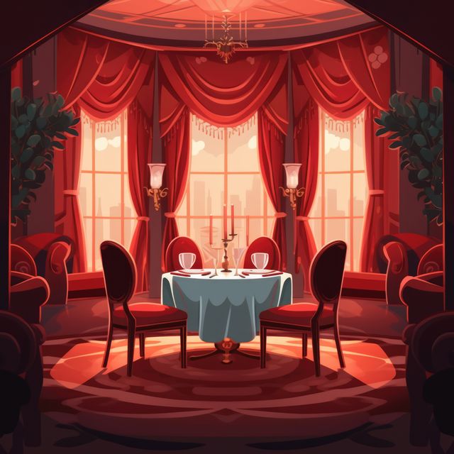 General view of fancy restaurant interiors with city view, created using generative ai technology. Restaurant, dining and interiors concept digitally generated image.