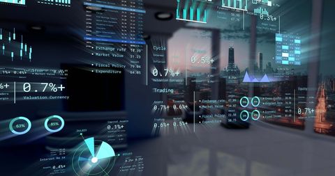 Futuristic Digital Interface Displaying Financial Data Overlooking City - Download Free Stock Images Pikwizard.com