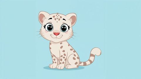 Cute spotted cartoon snow leopard cub with light brown spots on blue background