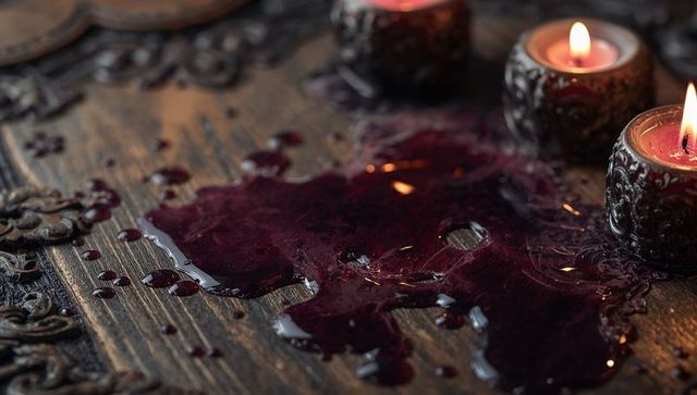 Gothic Candlelit Scene with Mysterious Red Liquid Spill