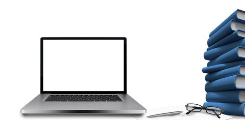 Transparent laptop with books and office supplies on white