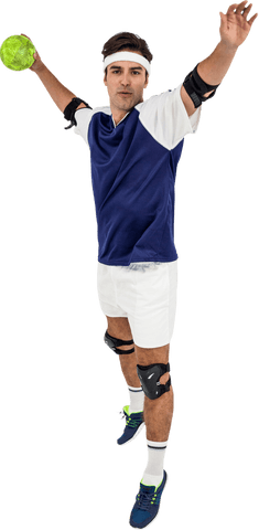 Focused handball player in motion with ball on transparent background